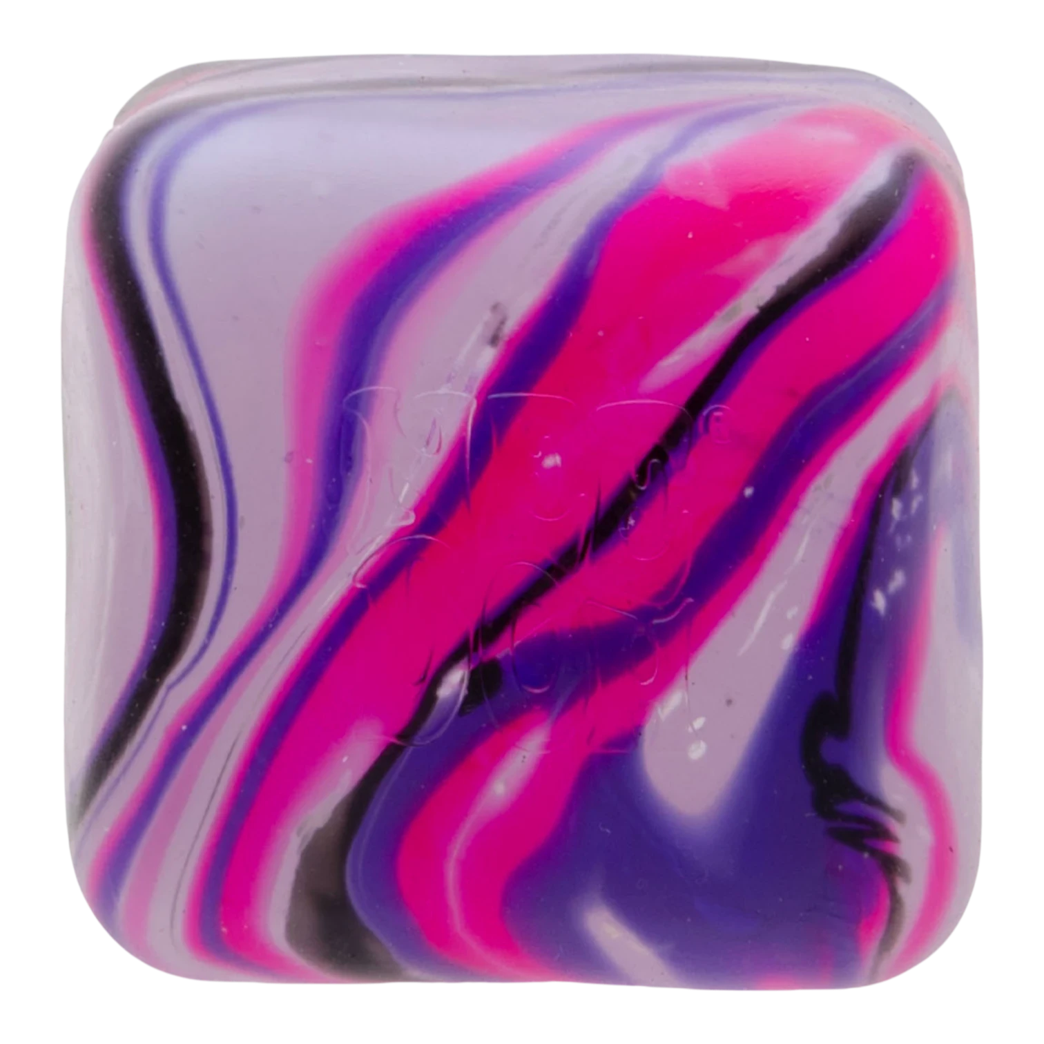 Squish Planet NeeDoh Nice Cube Swirl Super Squeeze fidget toy in pink, purple, and black swirls. Soft, squishy cube.